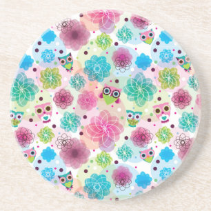 Achtergrondpatroon Cute flower owl Zandsteen Onderzetter