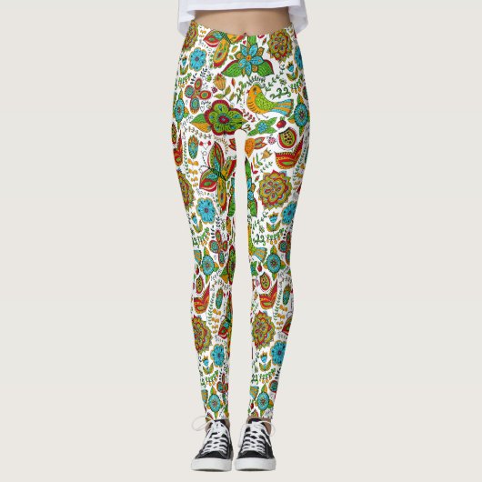 Achtergrondpatroon voor bloemen en vogels leggings (Voorkant)