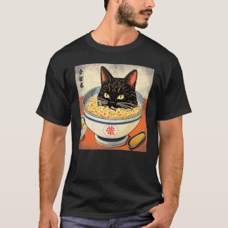 Achterkant Japans zwarte kat in een kom Ramen Ca T-shirt