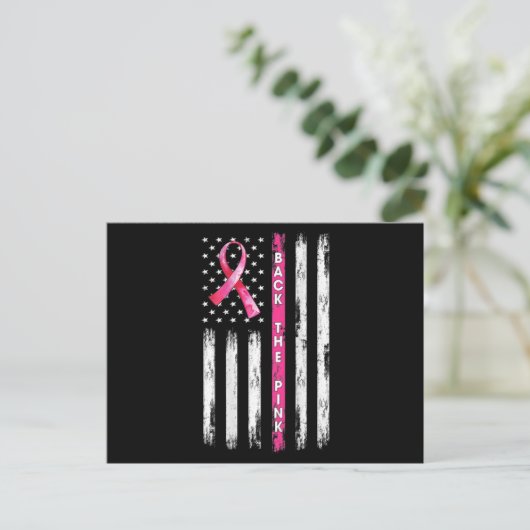 Achterkant roze lint Amerikaanse vlag borstkanker  Briefkaart (Staand voorkant)
