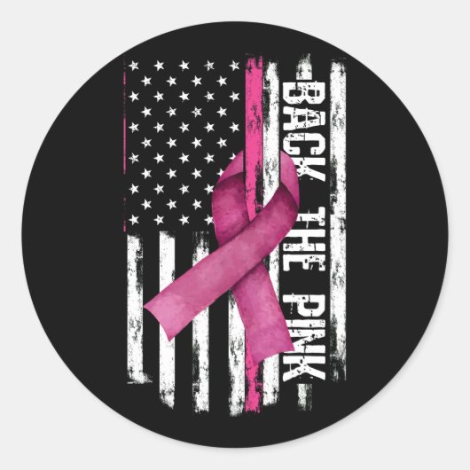 Achterkant roze lint Amerikaanse vlag borstkanker Ronde Sticker (Voorkant)