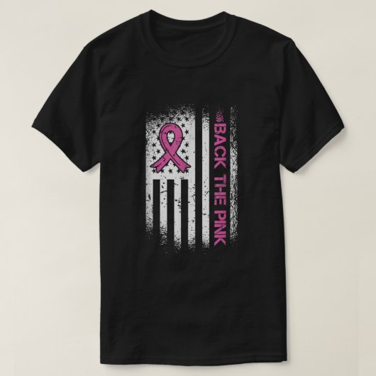 Achterkant roze lint Amerikaanse vlag borstkanker  T-shirt (Design voorkant)