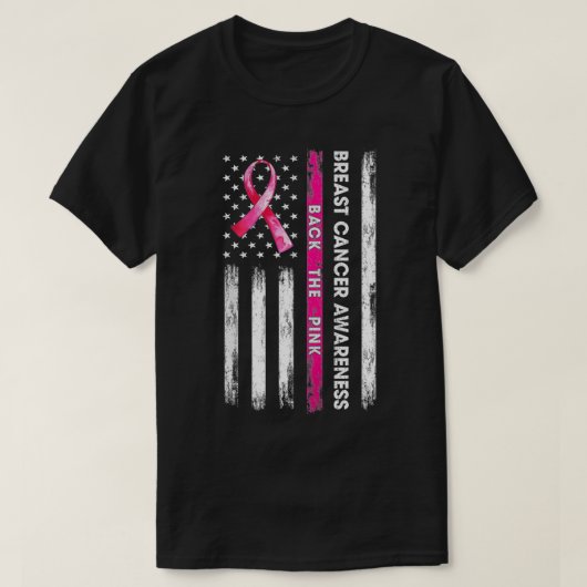 Achterkant roze lint Amerikaanse vlag borstkanker  T-shirt (Design voorkant)