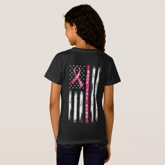 Achterkant roze lint Amerikaanse vlag borstkanker  T-shirt (Achterkant volledig)