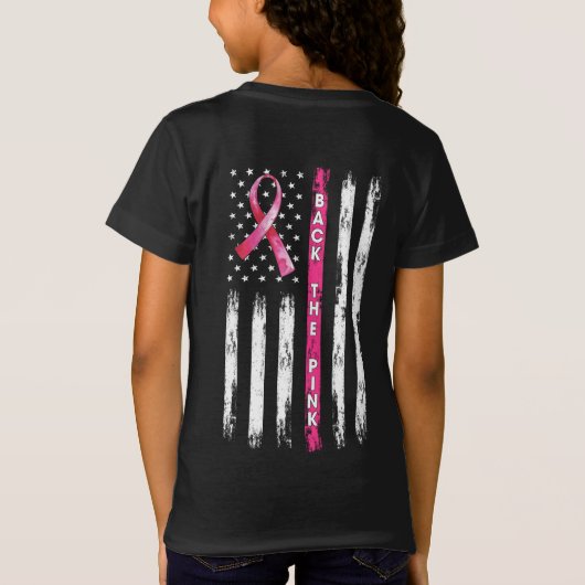 Achterkant roze lint Amerikaanse vlag borstkanker  T-shirt (Achterkant)