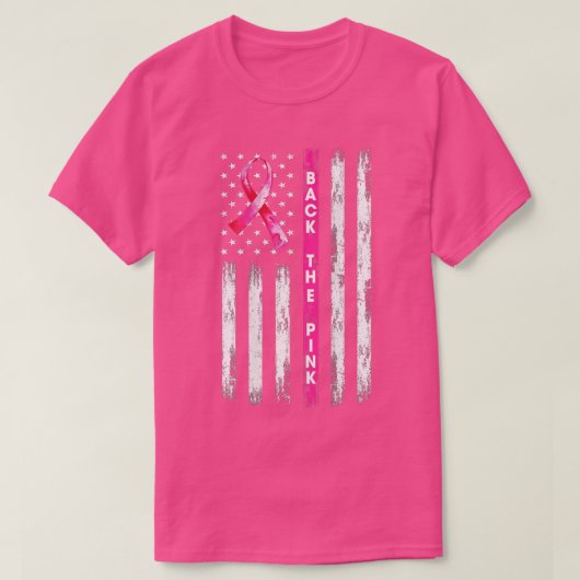 Achterkant roze lint Amerikaanse vlag borstkanker  T-shirt (Design voorkant)