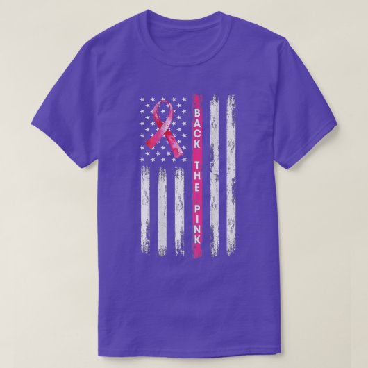 Achterkant roze lint Amerikaanse vlag borstkanker  T-shirt (Design voorkant)