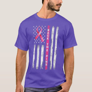 Achterkant roze lint Amerikaanse vlag borstkanker  T-shirt