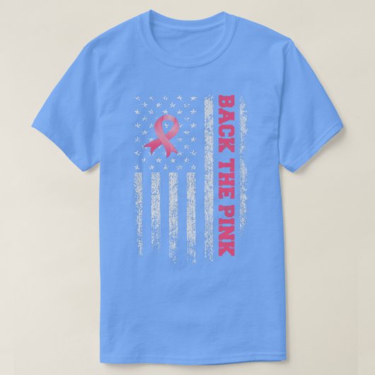 Achterkant roze lint Amerikaanse vlag borstkanker  T-shirt (Design voorkant)