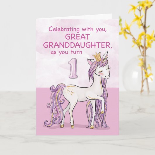 Achterkleindochter 1e verjaardag Roze Paard Kaart (Gele Bloem)