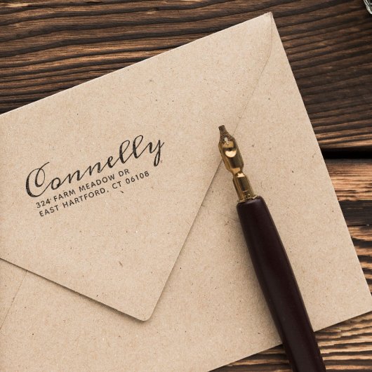 Achternaam in script en adres zelfinktende stempel