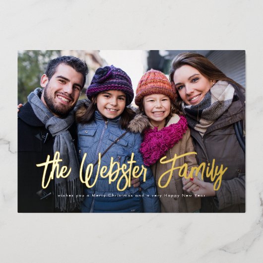 Achternaam kerst één foto rood folie feestdagenkaart (Voorkant)