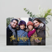 Achternaam kerst één foto rood folie feestdagenkaart (Staand Voorkant)