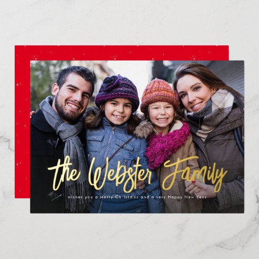 Achternaam kerst één foto rood folie feestdagenkaart (Voorkant / Achterkant)