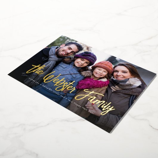 Achternaam kerst één foto rood folie feestdagenkaart (Gedraaid)