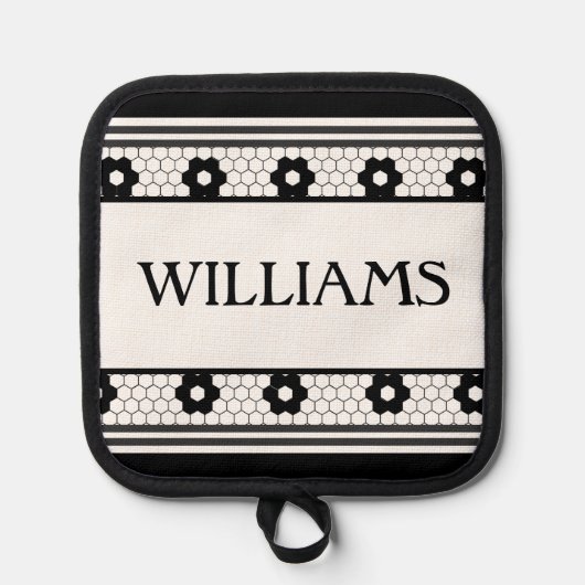 Achternaam Zwart-wit Tegel Design Custom Gift Pannenlap (Voorkant)