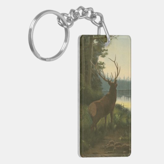 Achterste uitzicht van Elk die over een meer kijkt Sleutelhanger (Voorkant Links)