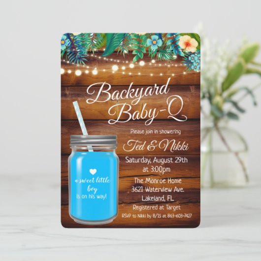 Achtertuin Baby Q Mason Jar Invitation Kaart (Staand voorkant)