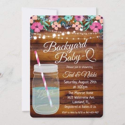 Achtertuin Baby Q Mason Jar Invitation Kaart (Voorkant)