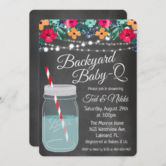 Achtertuin Baby Q Mason Jar Invitation Kaart (Voorkant / Achterkant)