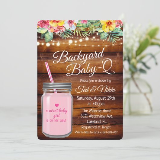 Achtertuin Baby Q Mason Jar Invitation Kaart (Staand voorkant)