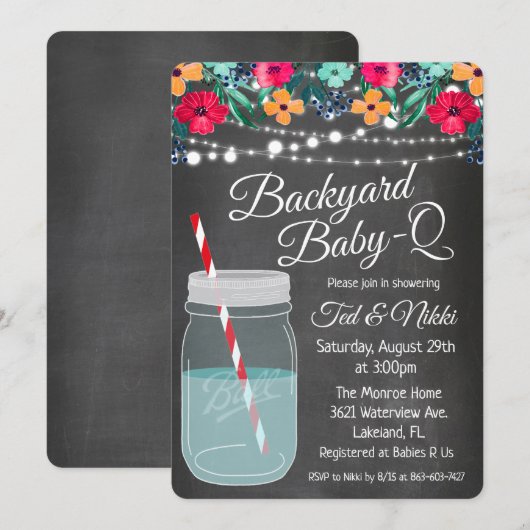 Achtertuin Baby Q Mason Jar Uitnodiging (Voorkant / Achterkant)