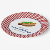 Achtertuin Barbeque Hot Dogs | Rood gecontroleerd Papieren Bordje (Gekanteld)