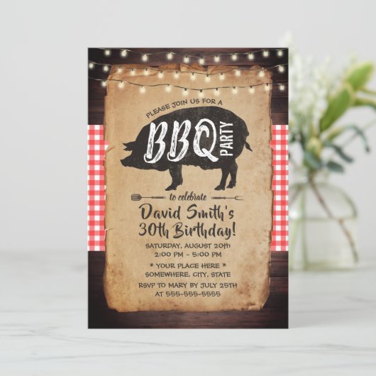 Achtertuin BBQ Birthday Party Rustic String Lights Kaart (Staand voorkant)
