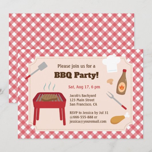 Achtertuin Bbq Feest Rood Geruit Patroon Kaart (Voorkant / Achterkant)