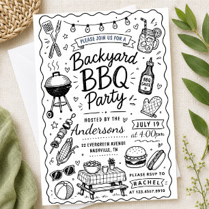 Achtertuin BBQ-feest Zomer Handgetekende krabbel R Kaart