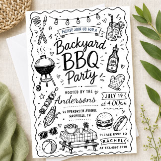 Achtertuin BBQ-feest Zomer Handgetekende krabbel R Kaart