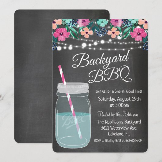 Achtertuin BBQ Mason Jar Uitnodiging (Voorkant / Achterkant)
