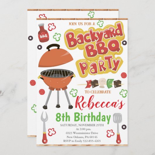 Achtertuin BBQ Verjaardag uitnodiging, BBQ Party Kaart (Voorkant / Achterkant)