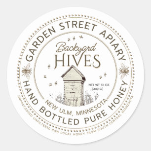 Achtertuin bijenkorven hand gebotteld pure honing ronde sticker