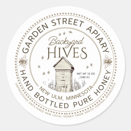 Achtertuin bijenkorven hand gebotteld pure honing ronde sticker (Voorkant)