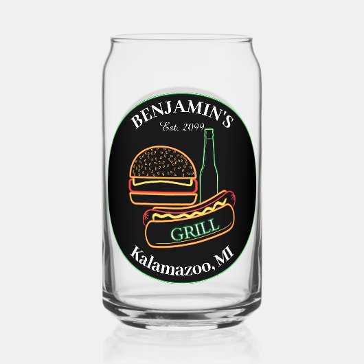 Achtertuin Grill met Burgers Drinkware Bier Blikvorm Glas (Voorkant)