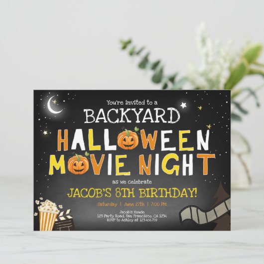 Achtertuin Halloween Film Night Scary Boy Verjaard Kaart (Staand voorkant)