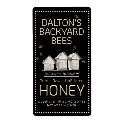 Achtertuin Hive Honey Jar Label Little Bees op Bla (Voorkant)