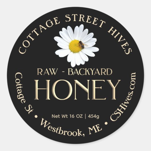 Achtertuin Hives Honey Daisy en Bee op Black Ronde Sticker (Voorkant)