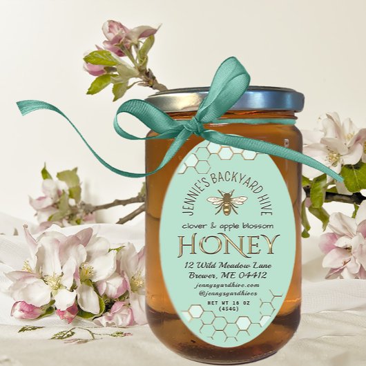 Achtertuin Honey Bee met Honeycomb Blauwgroen Ovale Sticker