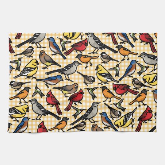 Achtertuin Vogels op Yellow Gingham Theedoek (Horizontaal)