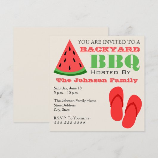 Achterwerf BBQ Watermelon & Teenslippers Uitnodigi Kaart (Voorkant / Achterkant)