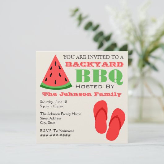 Achterwerf BBQ Watermelon & Teenslippers Uitnodigi Kaart (Staand voorkant)