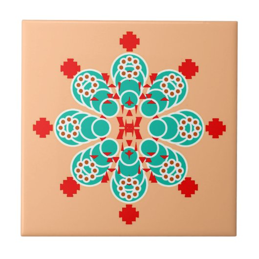 Achtpunts Mandala, Turquoise en Peach Tegeltje (Voorkant)
