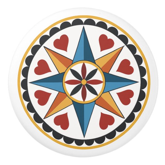 Achtpunts Star & Heart Amish Dutch Hex Sign Knop (Voorkant)