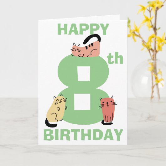 Achtste (8ste) Verjaardag Doodle Cats Custom Messa Kaart (Gele Bloem)