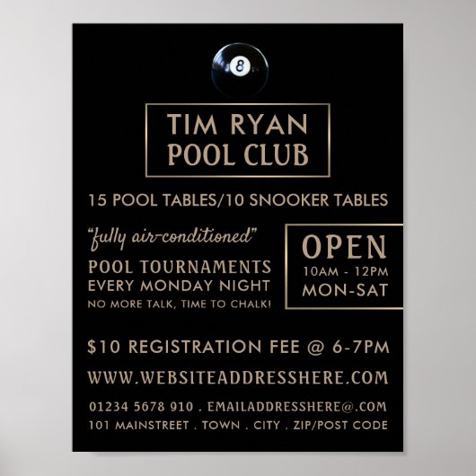 Achtste bal, poolclub, Snooker Club Adverteren Poster (Voorkant)
