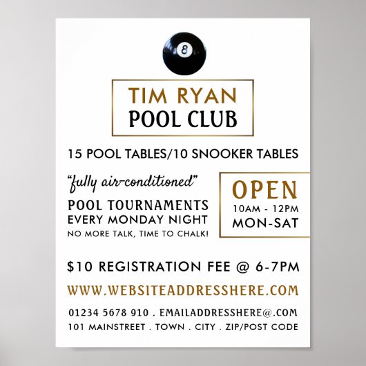 Achtste bal, poolclub, Snooker Club Adverteren Poster (Voorkant)