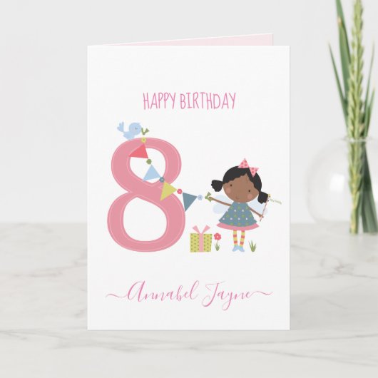 Achtste verjaardag fee schattig roze gepersonalise kaart (Voorkant)