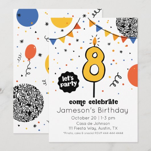 Achtste verjaardag kaars Doodle uitnodiging (Voorkant / Achterkant)